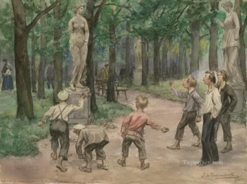 Russian Painting - teenagers games in the imperial garden of petrograd Ivan Vladimirov